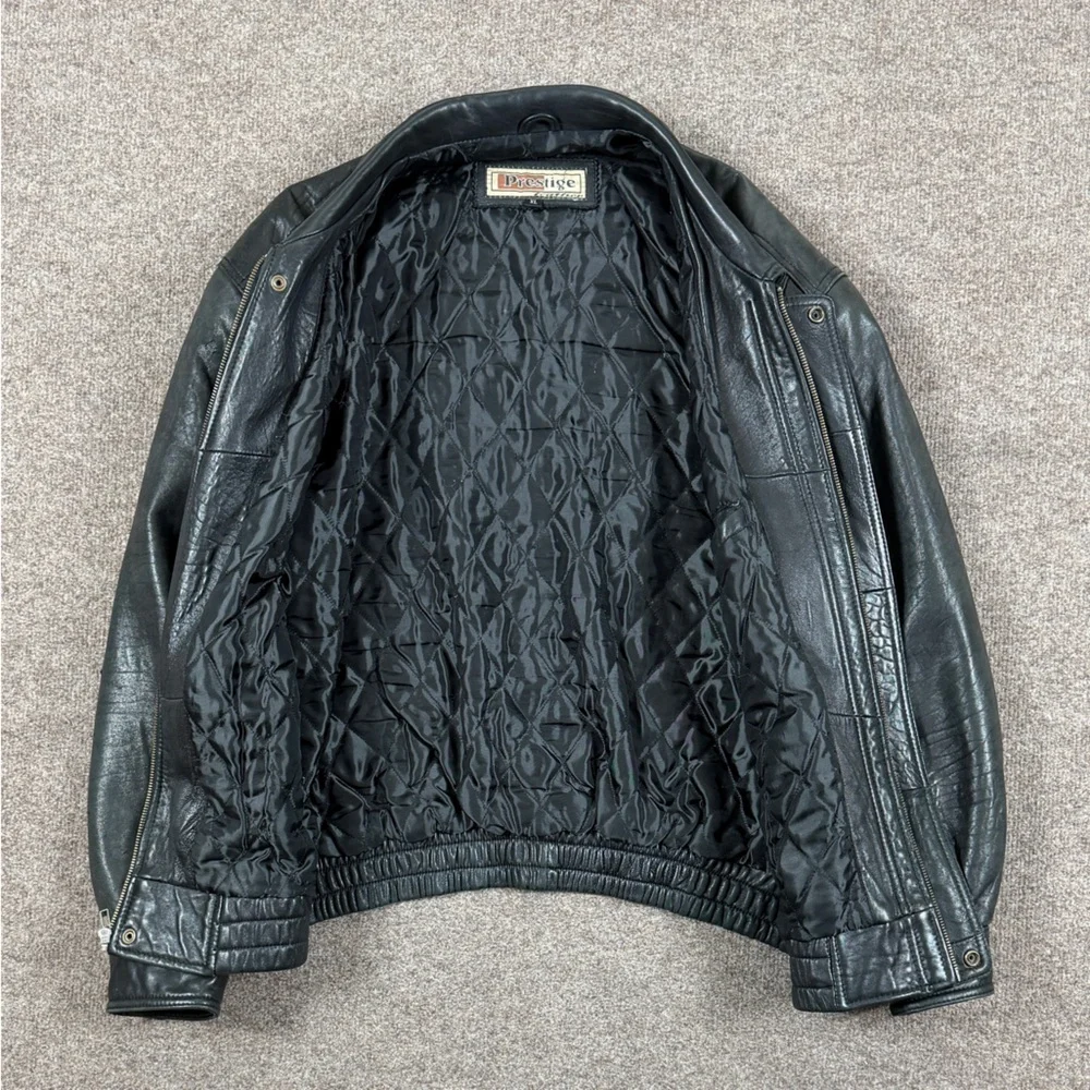 Vintage 90s‎ Prestige Black Soft Genuine Leather Full Zip Bomber Jacket Men’s XL